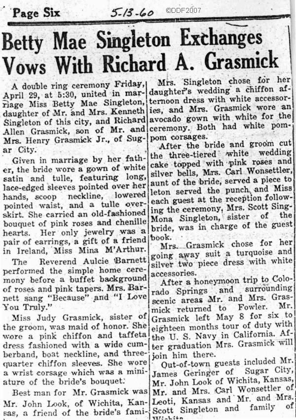 Betty Singleton marries Richard Grasmick