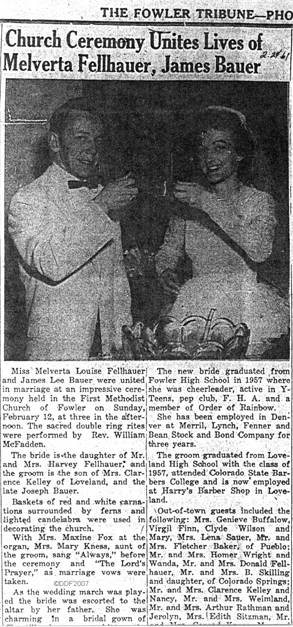 Melverta Fellhauer, James Lee Bauer Married