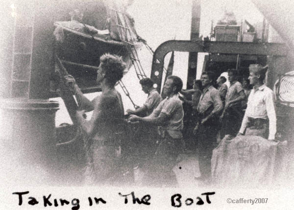 USS Dennis, WWII, "taking in the boat"