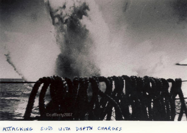 Attacking sub with Depth Charges from the USS Dennis